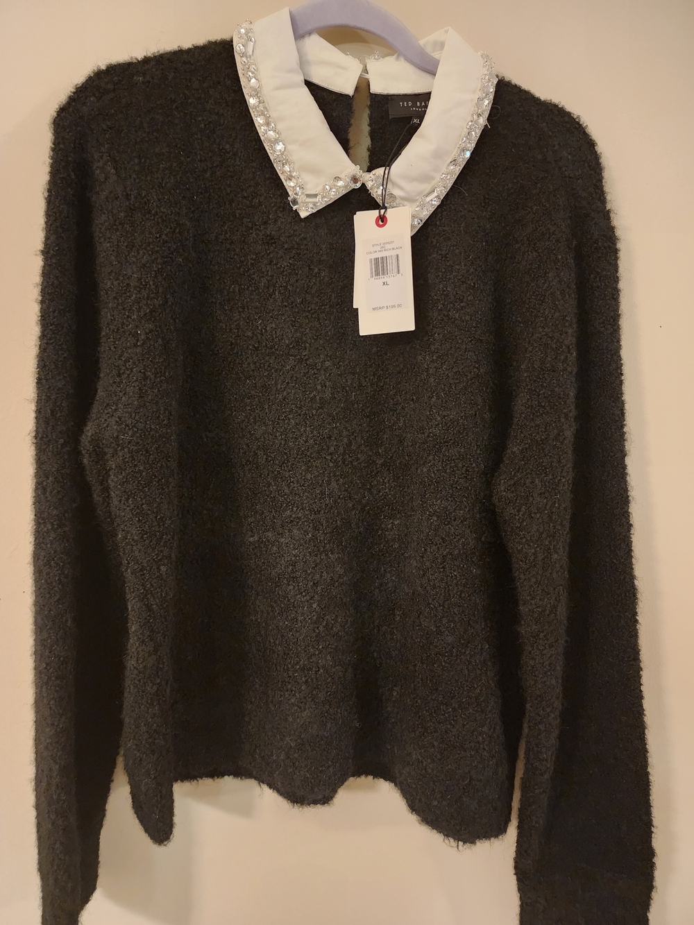Ted Baker Women's Black Crewneck Sweater with Embellished White Collar